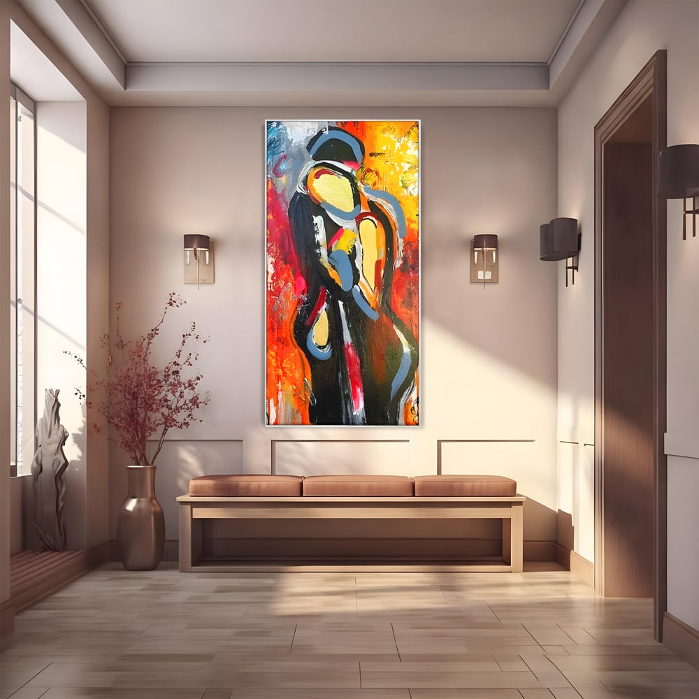 Tablou canvas cu pictura abstracta cu un cuplu imbratisat, in rama de aluminiu argintiu